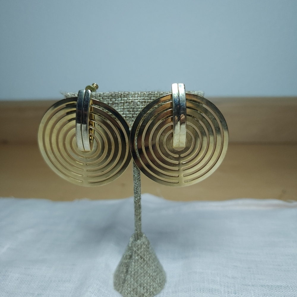 Vintage Gold Circular Hoop Earrings Modernist Brutalist